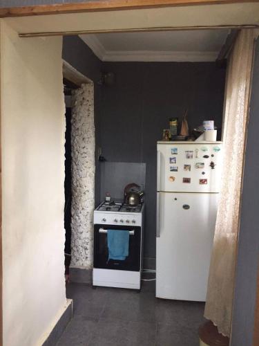 a kitchen with a stove and a white refrigerator at Mera Hostel in P'arts'khanaqanevi