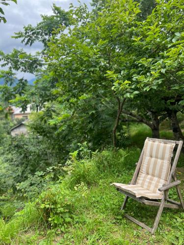 a wooden chair sitting in the grass in a field at Woodhide - Cottages near Batumi, Georgia in Zeda Ch'khutunet'i