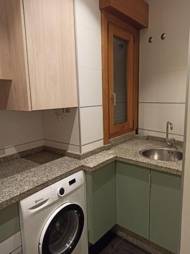 eine Küche mit einer Waschmaschine und einem Waschbecken in der Unterkunft Apartamentos ARVA París in León