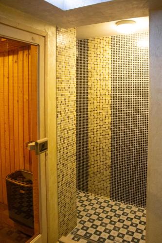 a bathroom with a black and white tiled shower at Meteor Family Hotel in Chepelare