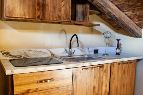a kitchen with a sink and wooden cabinets at Casa Suite Campana in Cuenca