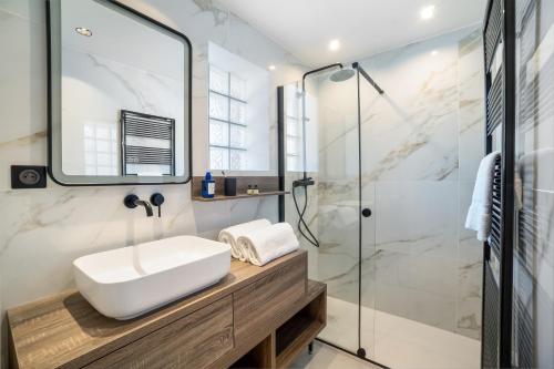 a bathroom with a sink and a shower at Eden Azur in Golfe-Juan