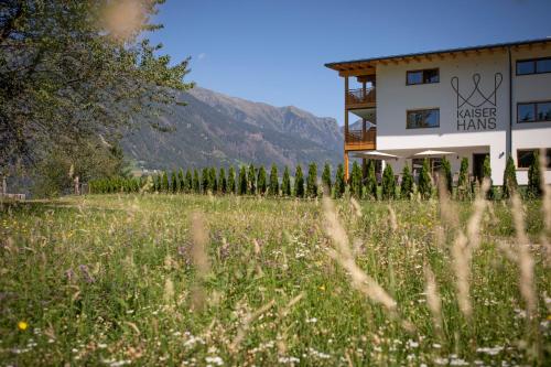 a building with a field of grass and flowers at Natur Residence Kaiser Hans in Schenna