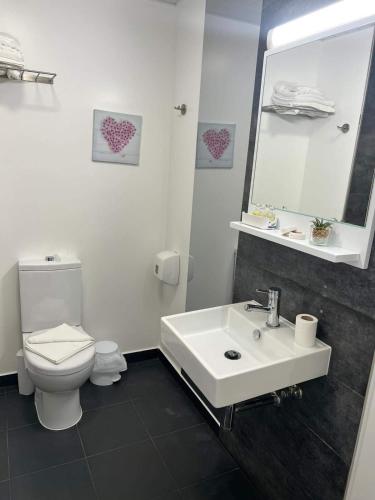 a bathroom with a sink and a toilet and a mirror at Mediterrâneo Madeira in São Vicente