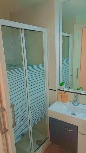 y baño con ducha, lavabo y espejo. en Apartamentos RyC, en Alcalá de Henares