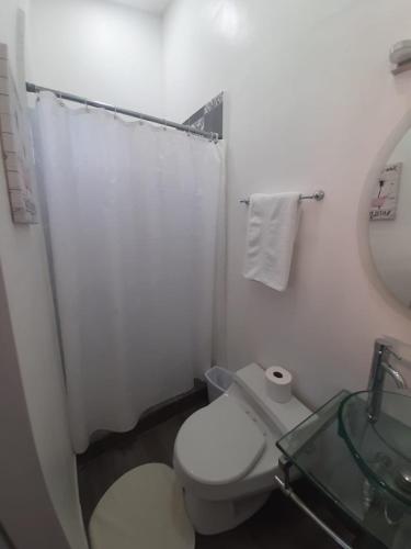 a white bathroom with a toilet and a glass sink at Rancho Matalote en Valle de Guadalupe in Valle de Guadalupe