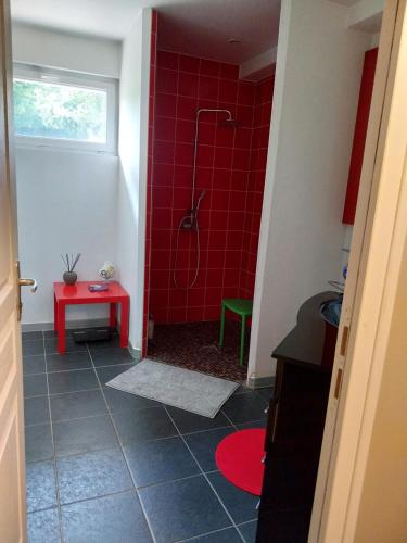 bagno con doccia e pavimento piastrellato rosso. di Gite de la Piegerie a Courgenard