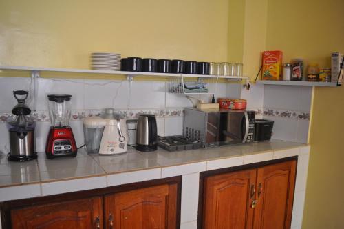 a kitchen with a counter top with appliances on it at Hostal Margaritas Torotoro in Torotoro