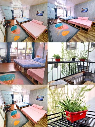 uma colagem de quatro fotografias de camas numa varanda em H2 homestay phố cổ check in tự động em Hanói