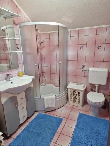 een badkamer met een wastafel, een toilet en een douche bij Apartment Kula in Gračanica