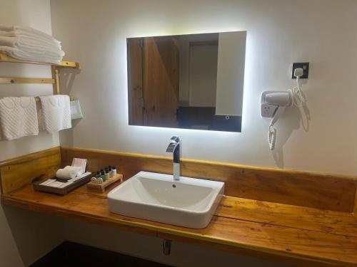 a bathroom with a sink and a mirror at Willing Resort, Trongsa in Kagha
