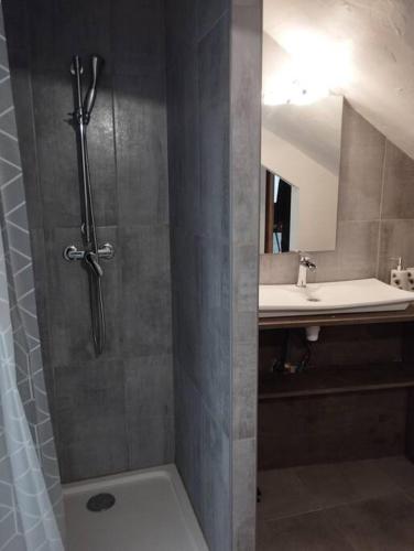 une salle de bain avec douche et lavabo dans l'établissement Appartement avec terrasse, à Malaucène