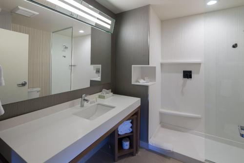 a bathroom with a sink and a shower and a mirror at Courtyard Bay City in Bay City