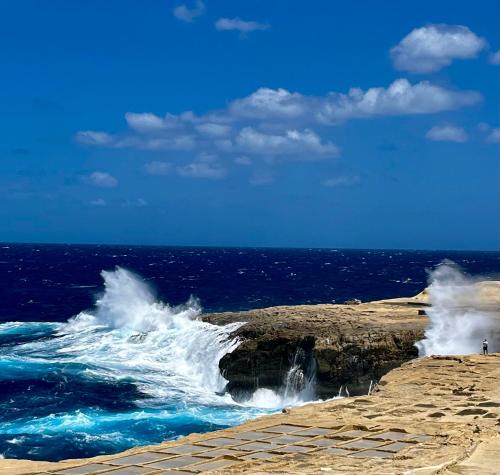un groupe de vagues s'écrasant sur une plage rocheuse dans l'établissement Encanto Vegetarian Bed & Breakfast, à Ix-Xagħra