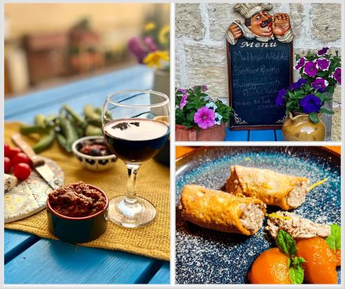 un collage de tres fotos de comida y una copa de vino en Encanto Vegetarian Bed & Breakfast, en Xagħra