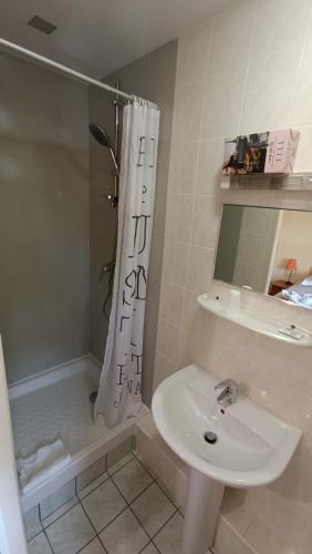 a bathroom with a sink and a shower with a shower curtain at Hôtel Le Pommeil in Guéret