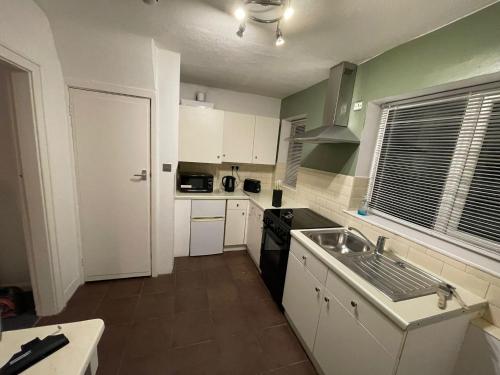 uma cozinha com paredes verdes, armários brancos e um lavatório. em Flat in Nottingham em Nottingham