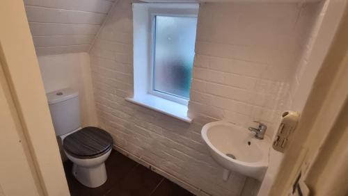 a bathroom with a toilet and a sink and a window at Flat in Nottingham in Nottingham