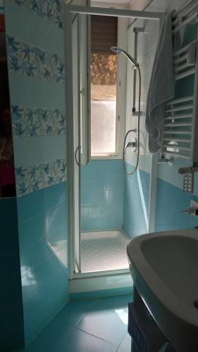 a blue bathroom with a shower and a sink at Camera Parioli con uso cucina in Rome
