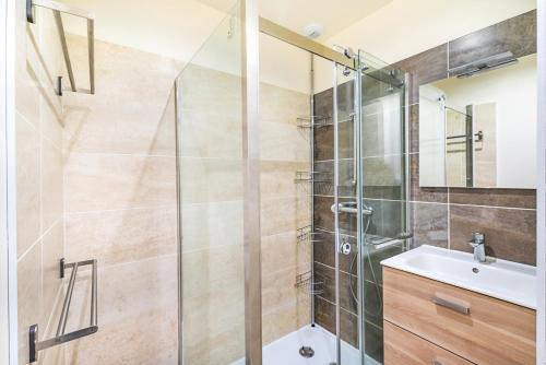 La salle de bains est pourvue d'une douche et d'un lavabo. dans l'établissement Hyper centre Angers, appartement haussmannien, à Angers