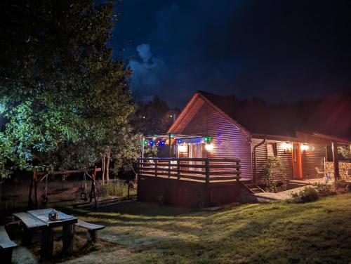 a cabin at night with lights in the yard at Cabana Nyiko cu ciubăr in Lupeni