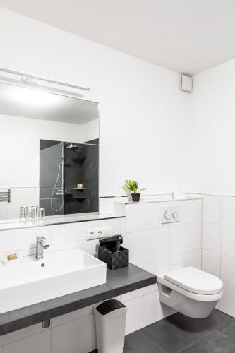 a white bathroom with a toilet and a sink at Heilsteinlodge in Einruhr