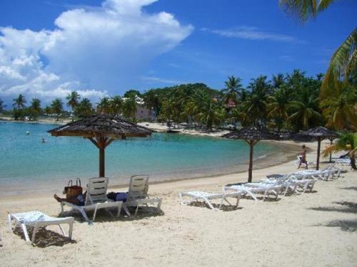 - un groupe de chaises longues et de parasols sur une plage dans l'établissement STUDIO VUE MER VILLAGE VIVA BAS DU FORT, Gosier, au Gosier
