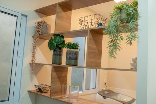 uma sala com prateleiras com vasos de plantas em Casa 4 Suítes - Ilha do Boi em Vitória