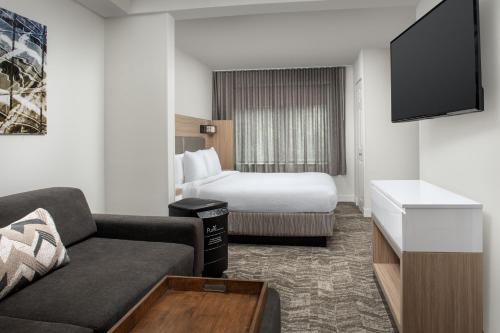 ビュフォードにあるSpringHill Suites by Marriott Atlanta Buford/Mall of Georgiaのベッドとソファ付きのホテルルーム