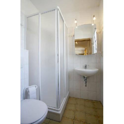a bathroom with a shower and a toilet and a sink at Ferienwohnung Lütt-Matt´n -01 in Ahlbeck