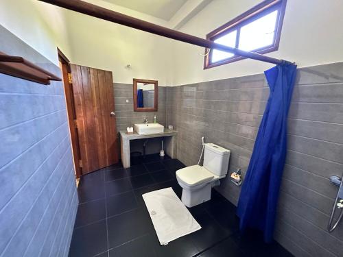 uma casa de banho com um WC, um lavatório e uma janela em Nature House em Udawalawe