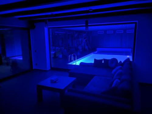 a living room with a couch and a swimming pool at Park Villa Ferienwohnung mit Pool und 3 Schlafzimmer in Uelzen