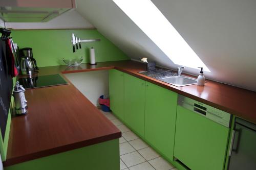 una cocina con armarios verdes y fregadero en Privatzimmer mit eigenem Bad und Küche, en Burgwedel