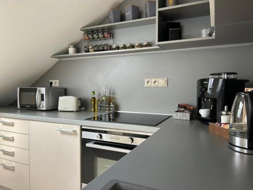 a kitchen with a counter top with a microwave at LEO Apartment FREE PARKING - President Palace in Bratislava