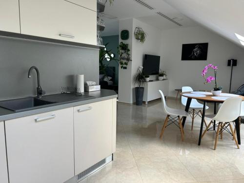 a kitchen with a sink and a table with chairs at LEO Apartment FREE PARKING - President Palace in Bratislava