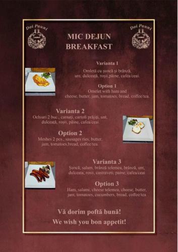 a menu for a michelin breakfast at a restaurant at Pensiune Restaurant Pizzerie 2 Păuni in Borşa