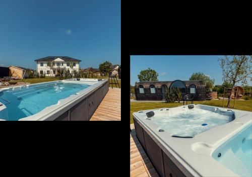 dos fotos de una piscina y una casa en Tirolian Lodge North, Whirlpool, Sauna, Lagerfeuer, en Bundorf