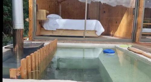a swimming pool with a bed inside of a house at RAMAL LODGE CONSTITUCION in Constitución