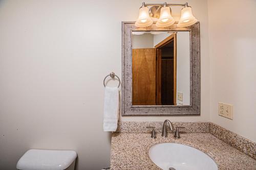 a bathroom with a sink and a mirror at Dancing Bear Lodge in McHenry
