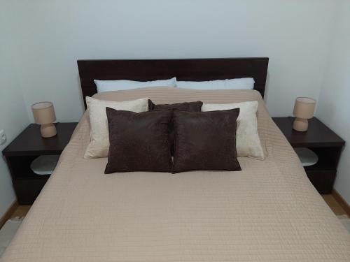 1 cama grande con almohadas marrones y 2 mesitas de noche en Apartman VIAGGIO en Sremska Mitrovica