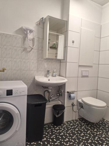 a bathroom with a toilet and a sink and a washing machine at Studio Apartment 17 - 2R2 in Essen
