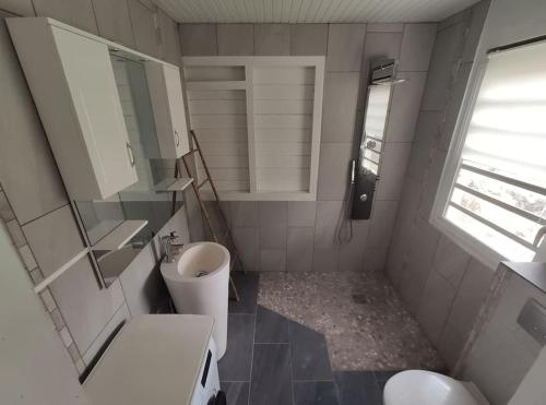 Un baño pequeño con lavabo e inodoro. en Appartement F3 ventilé, en Le Robert