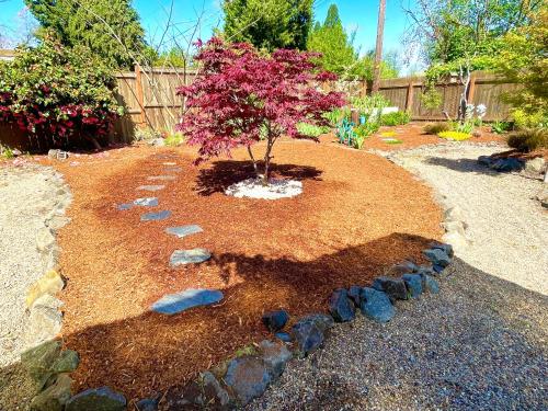 a tree in a garden with rocks around it at Colorful 50's Ranch in the Heart of Eugene in Eugene