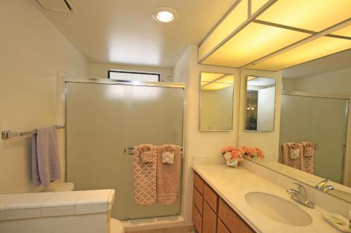 een badkamer met een wastafel, een douche en een spiegel bij P1807 - Costa Circle in Palm Desert