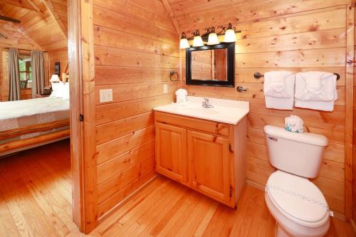 a log cabin bathroom with a toilet and a sink at Thunder Mountain in Sevierville