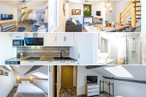 Un collage de fotos de una sala de estar y una cocina. en Centre Historique - FREE Parking - Self Checkin - WIFI - LA CABANE - SLEEPNTRIPBEZIERS, en Béziers