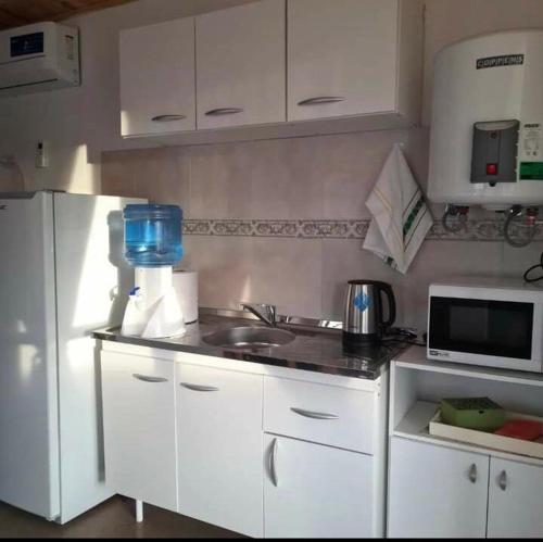 a kitchen with a sink and a white refrigerator at Cabañas Del Volga in Macachín