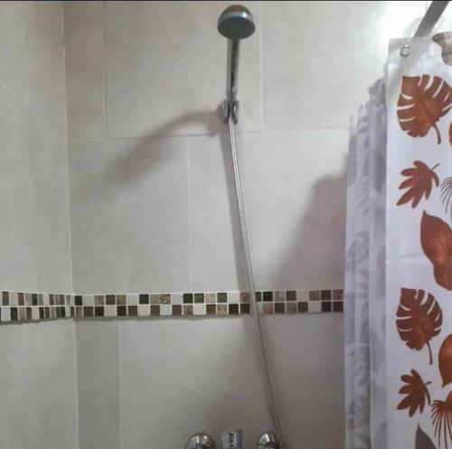 a shower head in a bathroom with a shower curtain at Cabañas Del Volga in Macachín