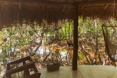a view from the porch of a hut with trees and water at Casa Takywara in Holbox Island