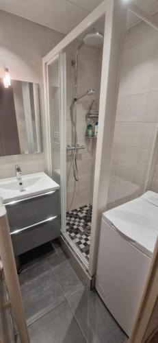 une salle de bain avec douche et lavabo dans l'établissement Studio bord de mer à proximité monaco et menton 4 personnes à roquebrune cap martin, à Roquebrune-Cap-Martin